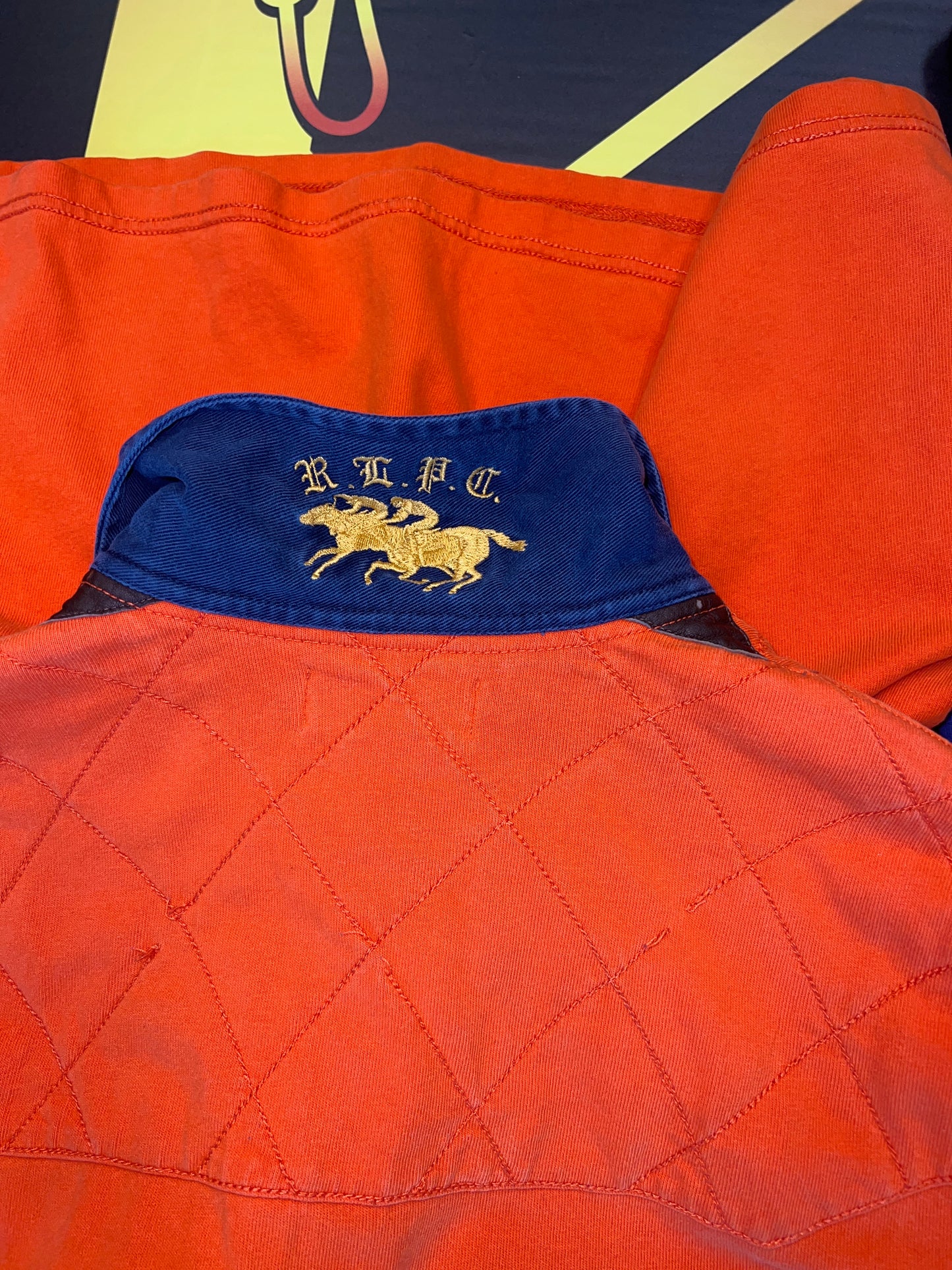 Polo equestrian orange and blue rugby large