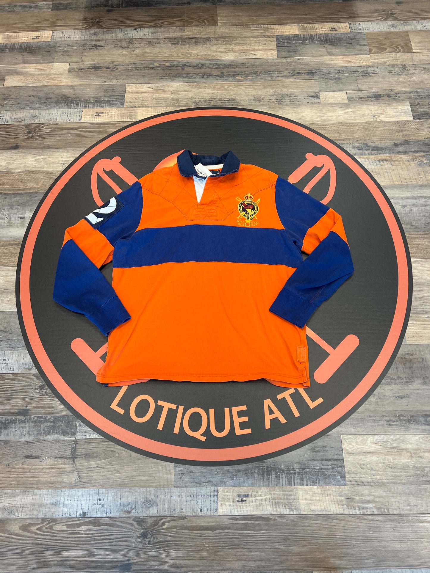 Polo equestrian orange and blue rugby large