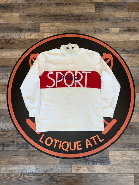 Vintage Polo Sport white Spellout rugby Large